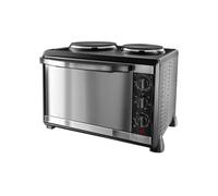 Russell Hobbs Compact 30L Electric Mini Oven with 2 Hotplates, Silver | 2 Hotplates, Fan Assisted Cooking, Timer and Auto Shut-Off, Includes Baking Tray, Grill Rack, And Tray Handle
