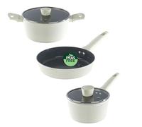 Russell Hobbs Cote Ceramic Cookware Set, 3 Piece | 24cm Stockpot With Glass Lid, 20cm Frying Pan, 16cm Saucepan, Forged Aluminium, PFAS-Free Ceramic Coating, Cream