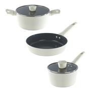 Russell Hobbs Côte Ceramic Pan Set - 24cm Stockpot with Lid, 20cm Frying Pan & 16cm Saucepan, PFAS-Free Non-Stick, Forged Aluminium, Soft-Touch Handles, Induction Compatible, Cream