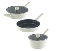 Russell Hobbs Côte Ceramic Pan Set - 28cm Sauté Pan with Lid, 24cm Frying Pan & 20cm Saucepan, PFAS-Free Non-Stick, Forged Aluminium, Soft-Touch Handles, Induction Compatible, Cream