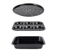 Russell Hobbs Everyday 3-Piece Bakeware Set - Non-Stick Carbon Steel Pizza Pan 33cm, 6-Cup Yorkshire Pudding Tray & 36cm Square Roasting Tray, Oven & Dishwasher Safe, Easy-Clean, Black