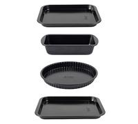 Russell Hobbs Everyday 4-Piece Bakeware Set - 24cm Tart Tin, 25cm Loaf Tin & 31cm and 35cm Baking Trays, Non-Stick Carbon Steel, Oven Safe, Black