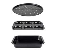 Russell Hobbs Everyday Bakeware Set 3 Piece with Pizza Pan, Roasting Tray | Carbon Steel Construction, Non Stick Coating, 33cm Pizza Pan, 36cm Square Roasting Tray, 6 Cup Pudding Tray