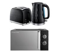 Russell Hobbs Honeycomb Black Kitchen Set, 1.7L 2400W Kettle, 2 Slice Toaster with Dual Browning Levels & 17L 700W Microwave with 5 Power Levels, Defrost & Reheat Functions HCBNDL2B