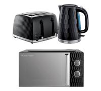 Russell Hobbs Honeycomb Black Kitchen Set, 1.7L 2400W Kettle, 4 Slice Toaster with Dual Browning Levels & 17L 700W Microwave with 5 Power Levels, Defrost & Reheat Functions HCBNDL4B