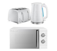 Russell Hobbs Honeycomb White Kitchen Set, 1.7L 2400W Kettle, 4 Slice Toaster with Dual Browning Levels & 17L 700W Microwave with 5 Power Levels, Defrost & Reheat Functions HCBNDL4W
