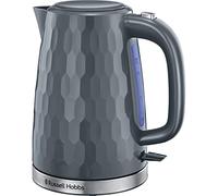 Russell Hobbs Honeycomb Electric 1.7L Cordless Kettle, Grey, Premium Plastic, Gloss Finish, Washable Anti-Scale Filter, Push Button Lid, Perfect Pour Spout, 360 Base, 26053