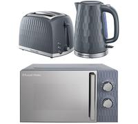 Russell Hobbs Honeycomb Grey Kitchen Set, 1.7L 2400W Kettle, 2 Slice Toaster with Dual Browning Levels & 17L 700W Microwave with 5 Power Levels, Defrost & Reheat Functions HCBNDL2G