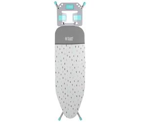 Russell Hobbs LA083234AQUA2FEU7 Collapsible Ironing Board - Foldable Ironing Table, Thick Felt Underlay with Stylish Cotton Cover, 7 Height Positions, Large Iron Rest with Hanger Holes, Non-Slip Feet