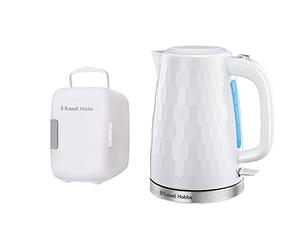 Russell Hobbs Mini Fridge RH4CLR1001 4L/6 Can Portable Mini Cooler & Warmer for Drinks, AC/DC Power, Retro Style, White & 26050 Cordless Electric Kettle, 1.7 Litre, 3000 W, White