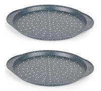 Russell Hobbs COMBO-5447 Nightfall Stone Pizza Trays - Set of 2 Round 14.5" Pizza Pans, Non-Stick Perforated Baking Trays, Carbon Steel, PFOA Free, Multi-Pack Crisper Tray, Flatbreads & Garlic Bread