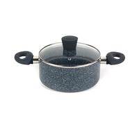 Russell Hobbs Nightfall Stone Stockpot 20 Cm, Non Stick, Induction | Pressed Aluminium, 2 Layer Blue Marble Interior, Tempered Glass Lid, Steam Vent, Bakelite Handles, 2.5 L Capacity