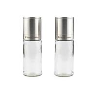Russell Hobbs No-Spill Manual Salt and Pepper Mill Set, Adjustable Ceramic | Clear glass bodies, stainless steel lids, refillable design, no-spill construction, fine to coarse dial on each mill