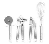 Russell Hobbs RH00124EU Kitchen Tool Set - 4 Piece Stainless Steel Essential Cooking Gadgets & Utensils, Pizza Cutter Wheel, Whisk, Can Opener, Garlic Press/Crusher, Easy Clean, Hanging Hooks, Durable