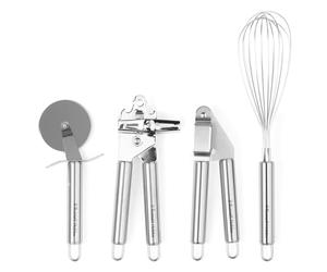 Russell Hobbs RH00124EU Kitchen Tool Set - 4 Piece Stainless Steel Essential Cooking Gadgets & Utensils, Pizza Cutter Wheel, Whisk, Can Opener, Garlic Press/Crusher, Easy Clean, Hanging Hooks, Durable