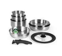 Russell Hobbs Smart Clip Cookware Set, 8 Piece, Stainless Steel | Detachable clip-on handle, stackable design, universal glass lid, oven safe to 200°C, PFAS and PFOA free coating