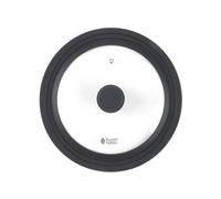 Russell Hobbs Smart Clip Glass Lid, Universal 24/26/28 Cm, Black | Soft-Touch Silicone Rim, Steam Vent, Secure Quiet Fit, Helps Reduce Splashes, Space-Saving Replaces Multiple Lid Sizes