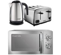 Russell Hobbs Classics Polished Stainless Steel Kitchen Set, 1.7L 3000W Kettle, 4 Slice Toaster with Variable Browning Levels & 20L 800W Microwave with 5 Power Levels, CLCSBNDL4SS