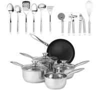 Russell Hobbs COMBO-8643 15-Piece Cookware Set - Classic Set, 24 cm Frying Pan, 3 Cooking Pots, Glass Pot Lid, 10-Piece Stainless Steel Kitchen Utensil Set/Cooking Utensils, All Types of Hobs