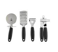 Russell Hobbs Venus Kitchen Gadget Set, 4 Piece, Black | Y-Peeler, can opener, pizza cutter, grater, ergonomic soft-touch handles, hanging hooks, hand wash only for finish care