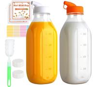 RusseryPek 1000ml / 1 Litre Glass Milk Bottles with Lids, 2 Pack Reusable Juice Bottles Water Bottles with Capacity Mark & Pour Spout, Liquid Storage for Fridge Coffee Smoothie