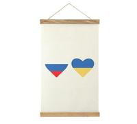 Russia And Ukraine Flags Heart Cute Linen Hanging Poster with Solid Wood Frame Retro Wall Art Hanging Decor