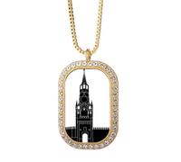 Russia Moscow Kremlin Pattern Outline Necklace Pendant Diamond Crystal Golden Jewelry