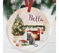 Russian Blue Cat Christmas Ornament - Personalised Ceramic Bauble with Name & Back Message - Pet Memorial Keepsake - Festive Tree Decoration for Cat Lovers - UK Made & Gift Boxed