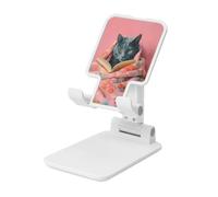 Russian Blue Cat Reading A Book Foldable Cell Phone Stand Adjustable Angle Height Desktop Portable Cellphone Cradle Compatible With All Smartphone White-Style