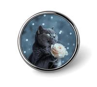 Russian Blue Cat Rose Round Brooch Pin Badge Lapel Tie Pin for Women Men Office Worker Teacher Decor