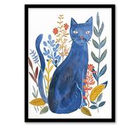 Russian Blue Cat with Ornate Plants Watercolour Framed Wall Art Artery8 Blue A4