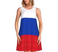 Russian Flag Print Stylish Summer Dress for Women,Sleeveless A-Line Sundress with Pockets, for Beach Vacation, Black, M