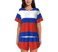 Russian Flag Women'S Lounge Pajamas, Comfy Short Sleeve Sleepwear Sets With Button Down Top And Pocket, Black, L