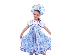 Russian Folk Costume Set Size 34 Blue Floral Sarafan Dress & Kokoshnik Headpiece Polyester Outfit for Carnival Stage Parties Festivals Photos,Русский народный костюм для девочки с кокошником