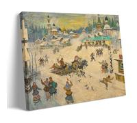 Russian Impressionism Art Print - Town Square Painting by Konstantin Alexeevich Korovin, Featuring Winter Village Life, Sleigh Rides And Orthodox Church Architecture Wall Decor Wall Art Aesthetic Canv