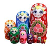 Russian Nesting Dolls - 10 Piece Wooden Figurines, Hand Painted Stacking Toys | Educational Learning Toy for Home School Cognitive Skill Development Entertainment Displayss Colorful Design Usess