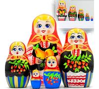 Russian Nesting Dolls Set of 5 pcs - Russian Dolls in Sarafan Dress with Folk Ornaments and Apples, Pears and Red Currant - Matryoshka Nesting Dolls