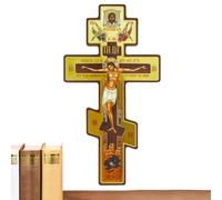 Russian Orthodox Wooden Crucifix - Three Bar Wooden Byzantine Crucifix | Wall Wooden Crucifix,Indoor Praying Decor Byzantine Crucifix,Home And Chapel Decoration Double-Sided Pattern For Living Room