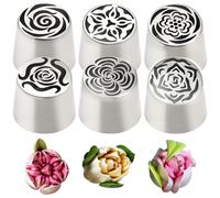 Russian Piping Tips, 6PCS 6 Styles Stainless Steel Flower Piping Tips, Easy to Clean Cake Decorating Supplies for Home Kitchen DIY Baking Accessories, Russian
