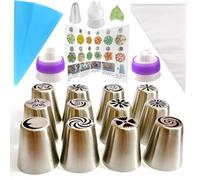 Russian Piping Tips Set, Flower Tips for Cake Decorating Baking Supplies with 12 Frosting Tips,30 Clean Bag,1 Silicone Bag,1 Leaf Nozzle,1 Floral Chart,1 Small Coupler,1 Big Coupler,1 Tricolor Coupler