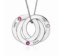 Russian Ring Necklace with Engraving 3/4 Names and Birthstones Round Circle Family Name Pendant Necklace Custom Personalised for Mother Mama Grandma Women Girls 925 Sterling Silver Rose Gold