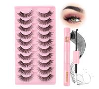 Russian Strip Lashes with Glue 10 Pairs Cat Eye Lashes Natural Look False Eyelashes D Curl Russian Eyelashes Wispy Fluffy Hybrid Strip Lashes 3D Faux Mink Fake Lashes