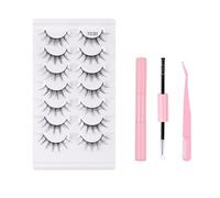 Russian Strip Natural Look False Eyelashes 7 Pair Fluffy Volume Faux Mink with Glue and Pink Tweezers B5317