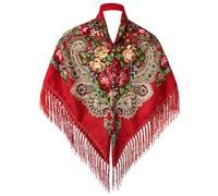 Russian Style Muffler Warm Scarf with Tassel Women's Traditional Scarf Wrap Shawl Fringes Neck Head Shawl Retro Floral, Red, Medium