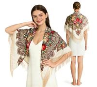 Russian Style Muffler Warm Scarf with Tassel Women's Traditional Scarf Wrap Shawl Fringes Printing Cape, Cream&red Flower, Medium