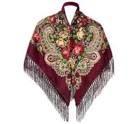 Russian Style Muffler Warm Scarf with Tassel Women's Traditional Scarf Wrap Shawl Fringes Printing Cape, Wine Red, Medium