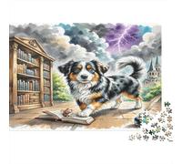 Russian Toy Dog Premium Paper Australian Shepherd in Old Library with Books DIY Jigsaw Puzzle Beginner Friendly Educational Toy 70x50cm/1000pcs