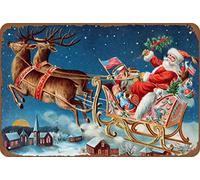 Rust Metal Tin Sign Merry Christmas Winter Santa Sleigh Deer Flying Snow Village Night Retro Tin Sign Metal Tin Sign for Home Cafe Bar Hotel Bathroom Wall Decor Idea Gifts for Friends 8x12 Inch