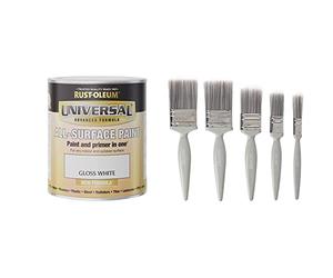 Rust-Oleum Universal Gloss White 750ml AMZ0115 and Harris Essentials Walls & Ceilings Paint Brush Set | Pack of 5 | 0.5", 1", 1.5", 2"