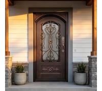 Rust Red Wrought Iron Single Exterior Door - Prehung with Double Glass 38" W x 108" H Durable Entry Door for Home Stylish Security Solution Weather-Resistant Design